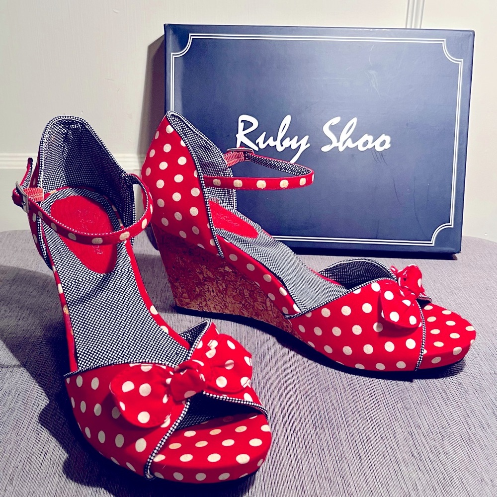 Ruby Shoo Molly Red Spots - red dot wedges with ankle strap sz 39